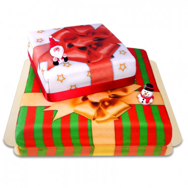 2-Stöckige Weihnachtsgeschenk-Torte mit Weihnachtsmann- & Schneemann-Figuren 