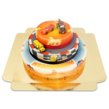 Cars 3 - Lightning McQueen, Cruz Ramirez und Hook auf dreistöckiger Rennstrecken-Torte mit Band