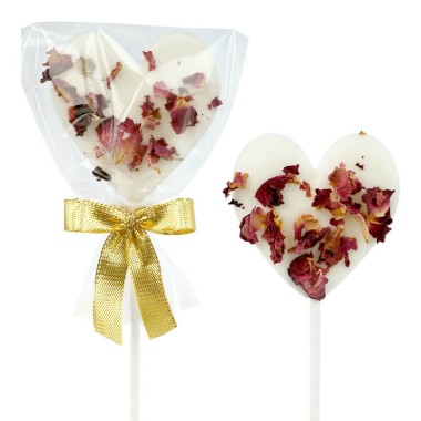 Weiße Herz-Lollis mit Rosenblüten (10 Stück)