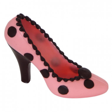 Pinker Schokoladen-Schuh mit dunklen Punkten