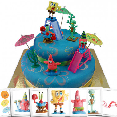 Spongebob & Patrick auf zweistöckiger Meeres-Torte mit Band