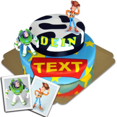 Cowboy Woody & Buzz Lightyear auf zweistöckiger Torte mit Band