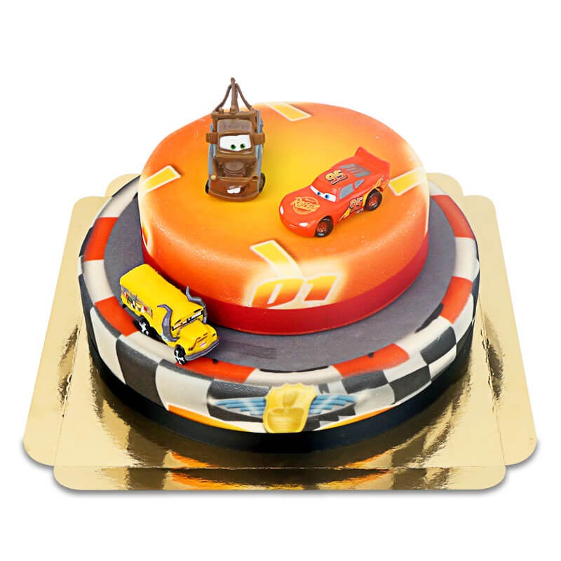 Cars 2 - Lightning McQueen, Hook und Miss Fritter auf zweistöckiger Rennstrecke-Torte mit Band