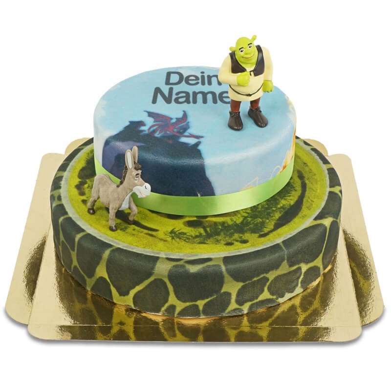 Shrek und Esel auf zweistöckiger Märchen-Torte