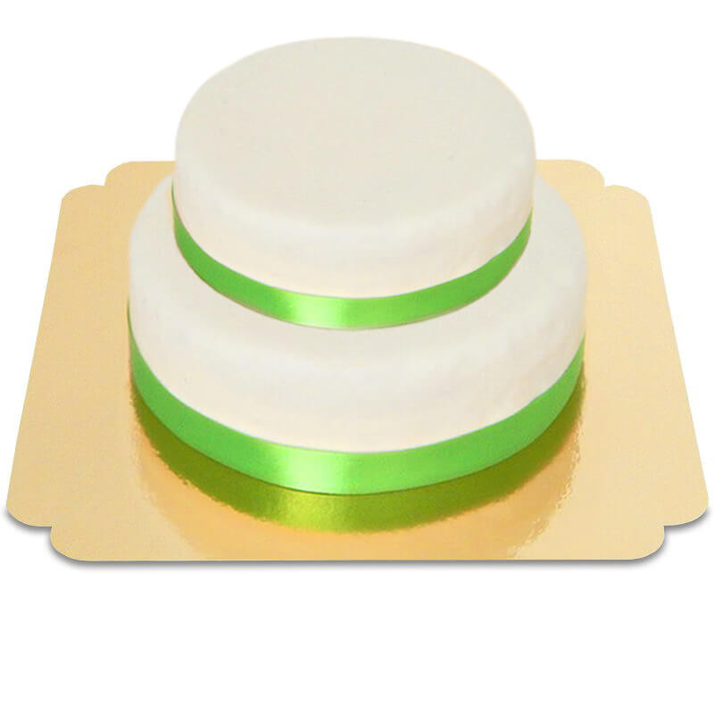 Zweistöckige weiße Torte mit Tortenband hellgrün