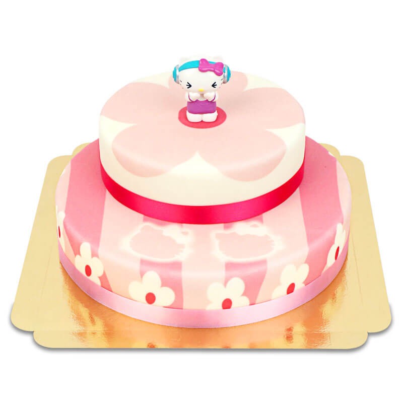 Hello Kitty Figuren auf 2-stöckiger rosa Blumen-Torte