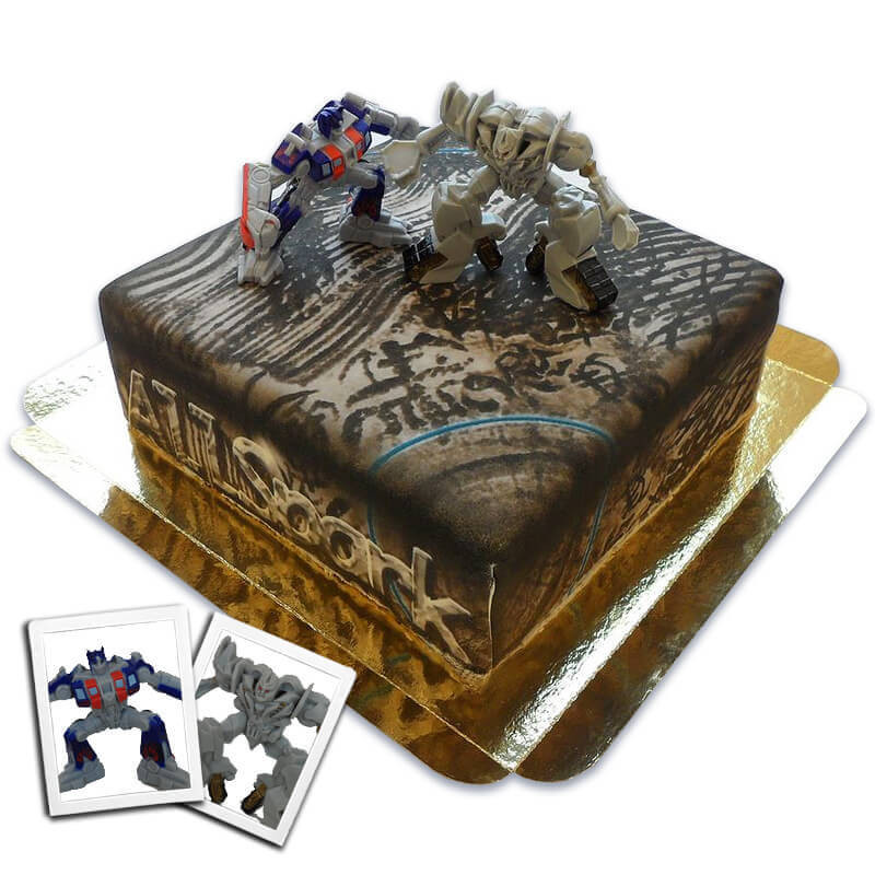 Transformers-Figuren Optimus Prime vs Megatron auf AllSpark-Torte