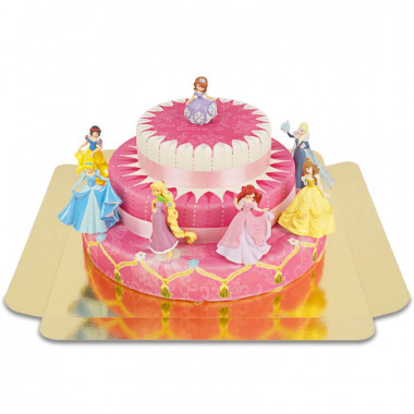 7 Prinzessinnen auf dreistöckiger Torte mit Bändern