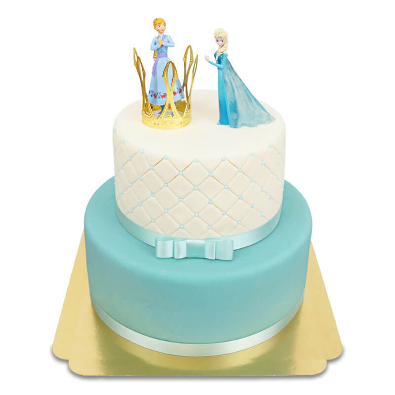 Anna und Elsa von Eiskönigin auf eisblauer Deluxe Torte