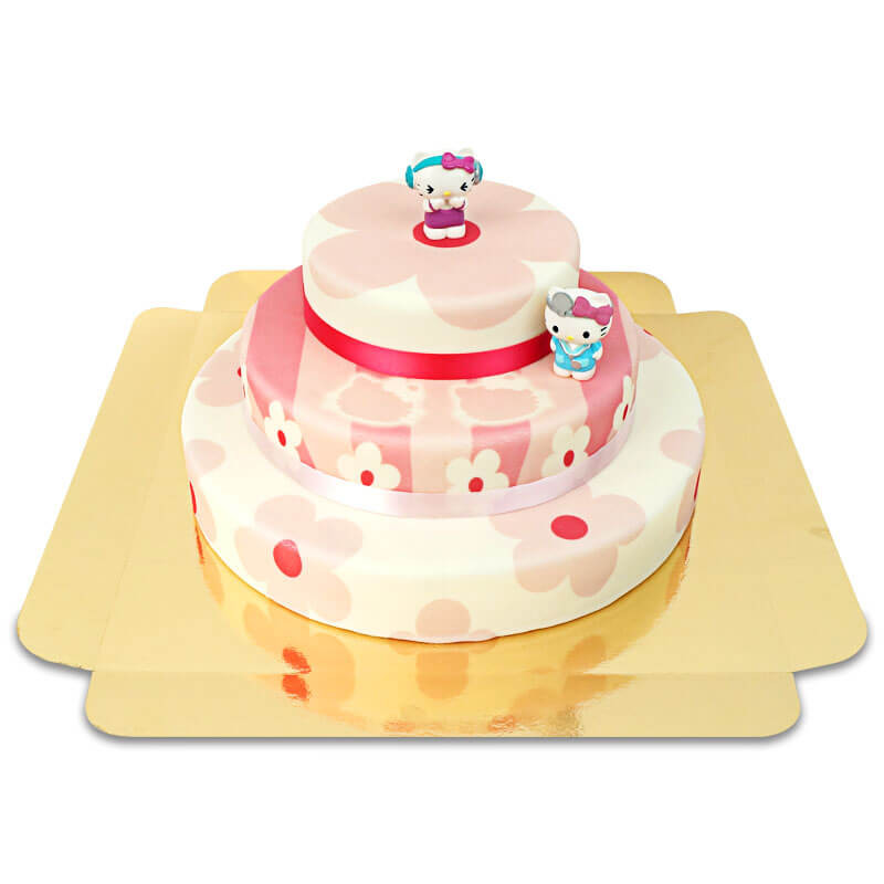 Hello Kitty Figuren auf 3-stöckiger rosa Blumen-Torte