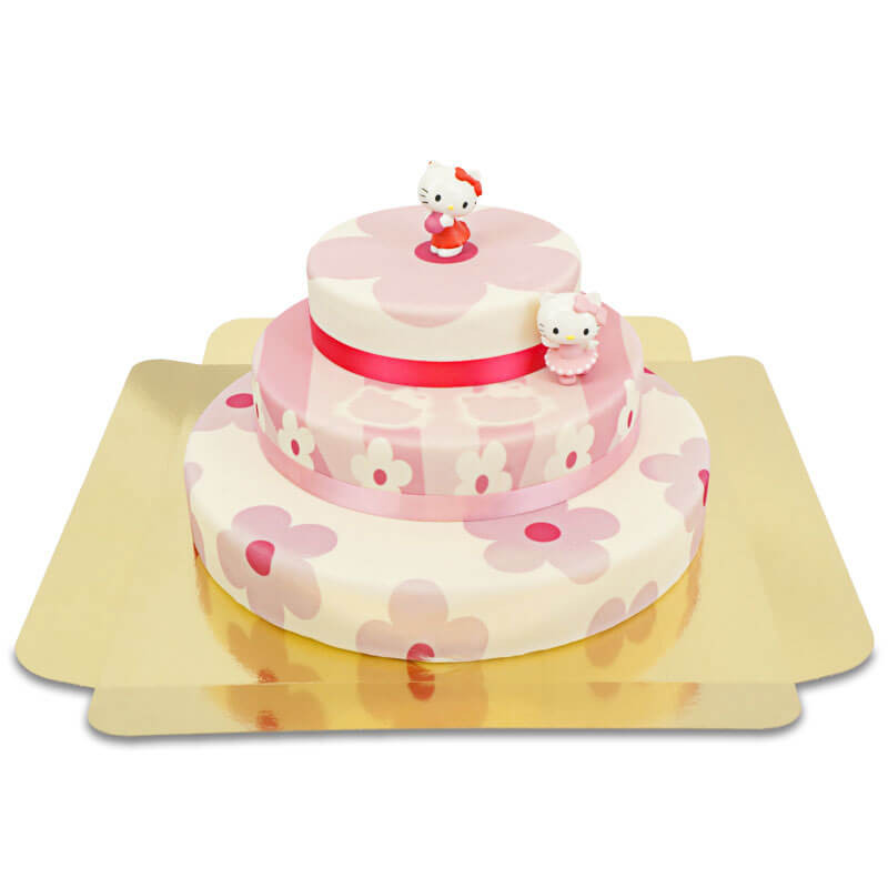 Hello Kitty Figuren auf 3-stöckiger rosa Blumen-Torte