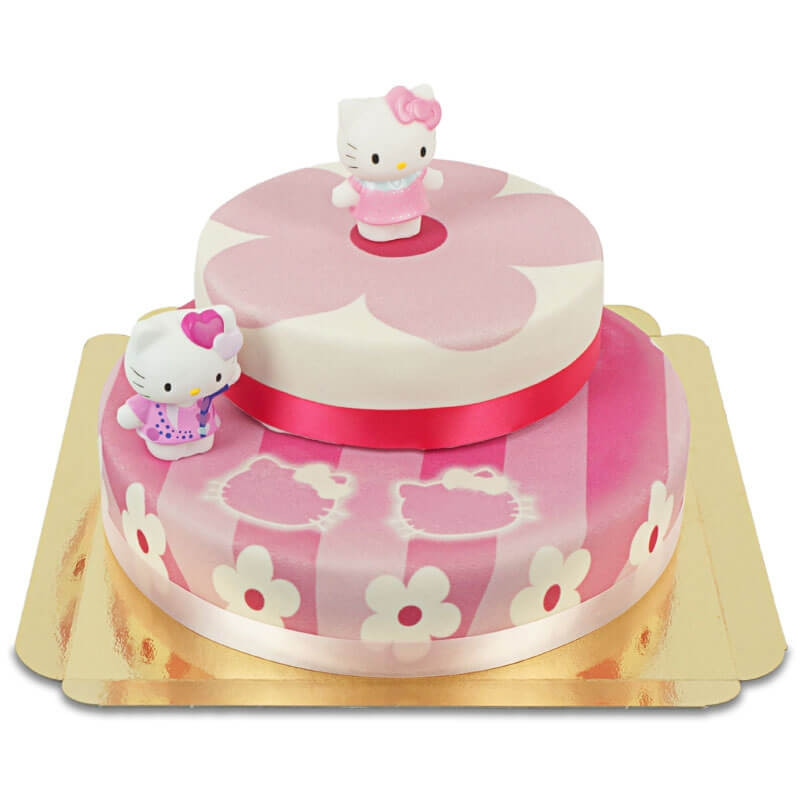 Hello Kitty Figuren auf 2-stöckiger rosa Blumen-Torte