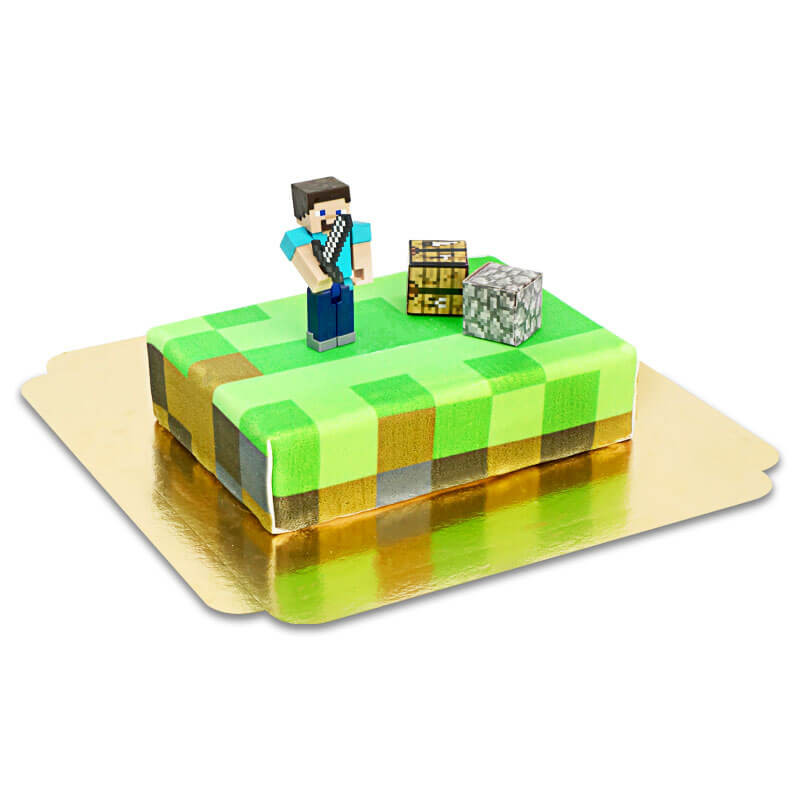 Minecraft-Figur auf Spielewelt-Torte